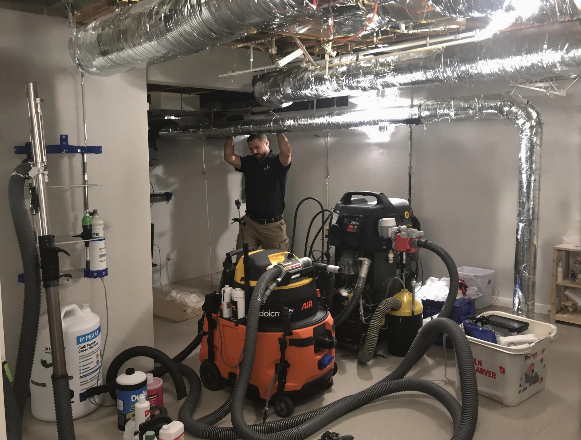 Union City Air Duct Cleaning specialist performing professional mold removal from air ducts using safety equipment in Union City